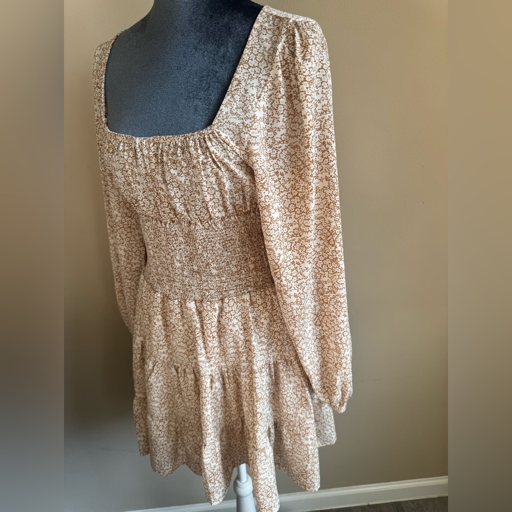 Princess Polly Cream Floral Smocked Mini Dress Long Sleeve Cottagecore Size 6 - Picture 6 of 7